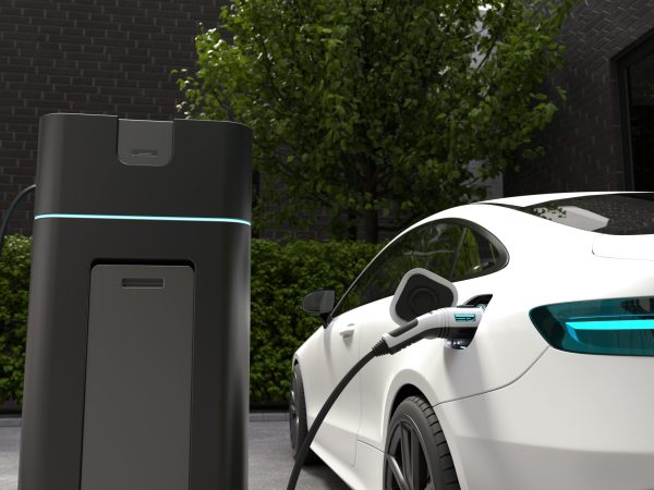 Electric car charging at home, Clean energy filling technology. 3D illustration